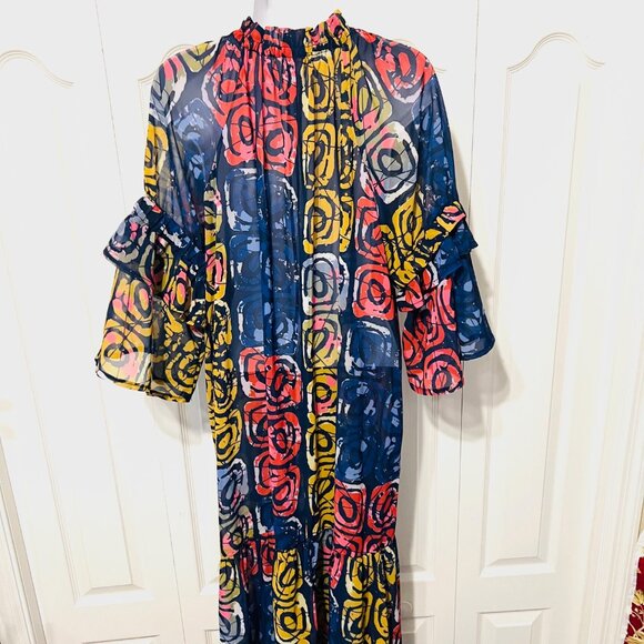 Bijelly Couture Long Maxi Dress-Large-Sheer-Ruffles-High Neck-Geometric-Colorful - Picture 12 of 15